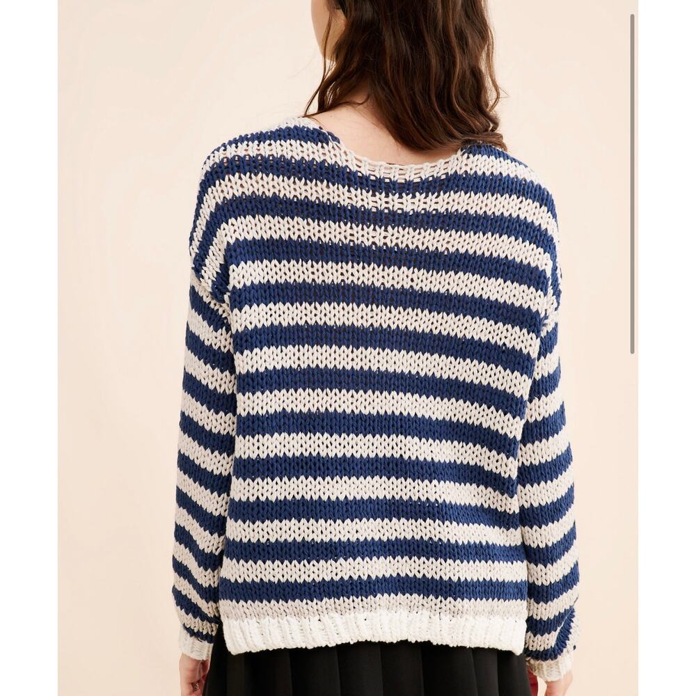 Free People Portland Pullover M Denim Island Navy Cream Striped Sweater - Picture 2 of 9